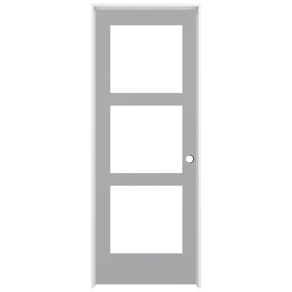 RELIABILT 30-in x 80-in Driftwood Solid core 3-panel Frosted glass Left hand Smooth Prefinished Pine Wood Flat Jamb Single Prehung Interior Door with