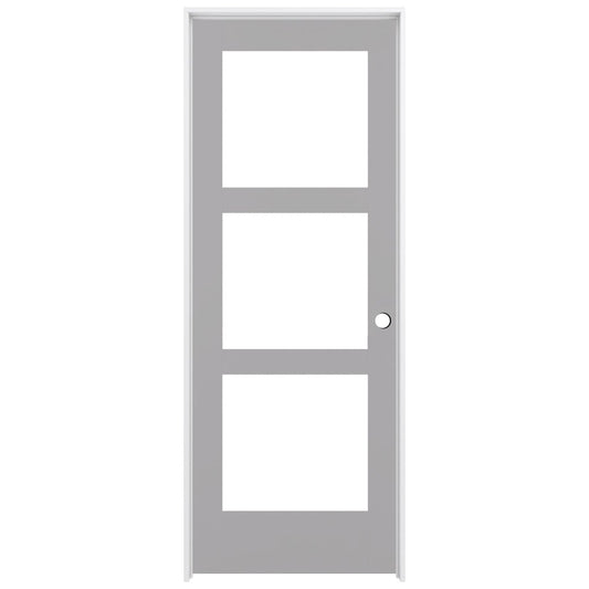 RELIABILT 30-in x 80-in Driftwood Solid core 3-panel Frosted glass Left hand Smooth Prefinished Pine Wood Flat Jamb Single Prehung Interior Door with