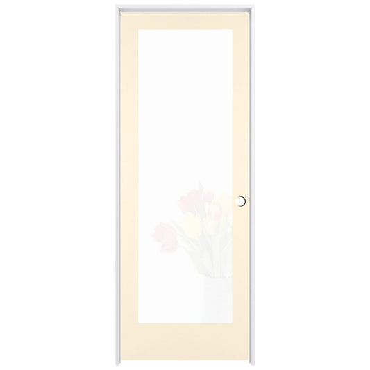 RELIABILT 28-in x 80-in Cream-n-Sugar Solid core 1-panel Frosted glass Left hand Smooth Prefinished Pine Wood Flat Jamb Single Prehung Interior Door with