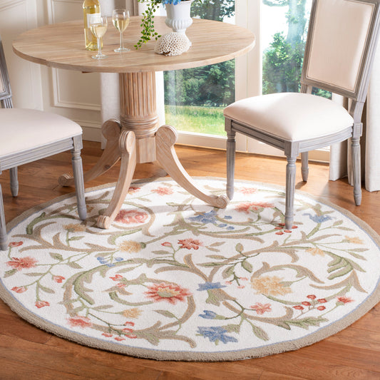 Safavieh Chelsea Floral Scroll 10 x 10 (ft) Hooked Wool Ivory Round Indoor Floral/Botanical Farmhouse/Cottage Spot Clean Only Area rug