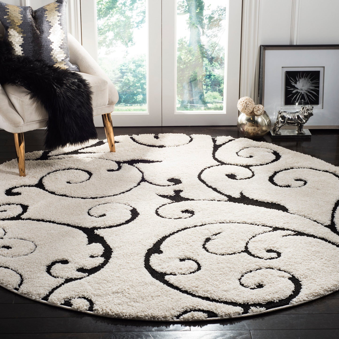 Safavieh Florida Scroll Shag 10 x 10 (ft) Polypropylene Ivory/Black Round Indoor Floral/Botanical Spot Clean Only Area rug