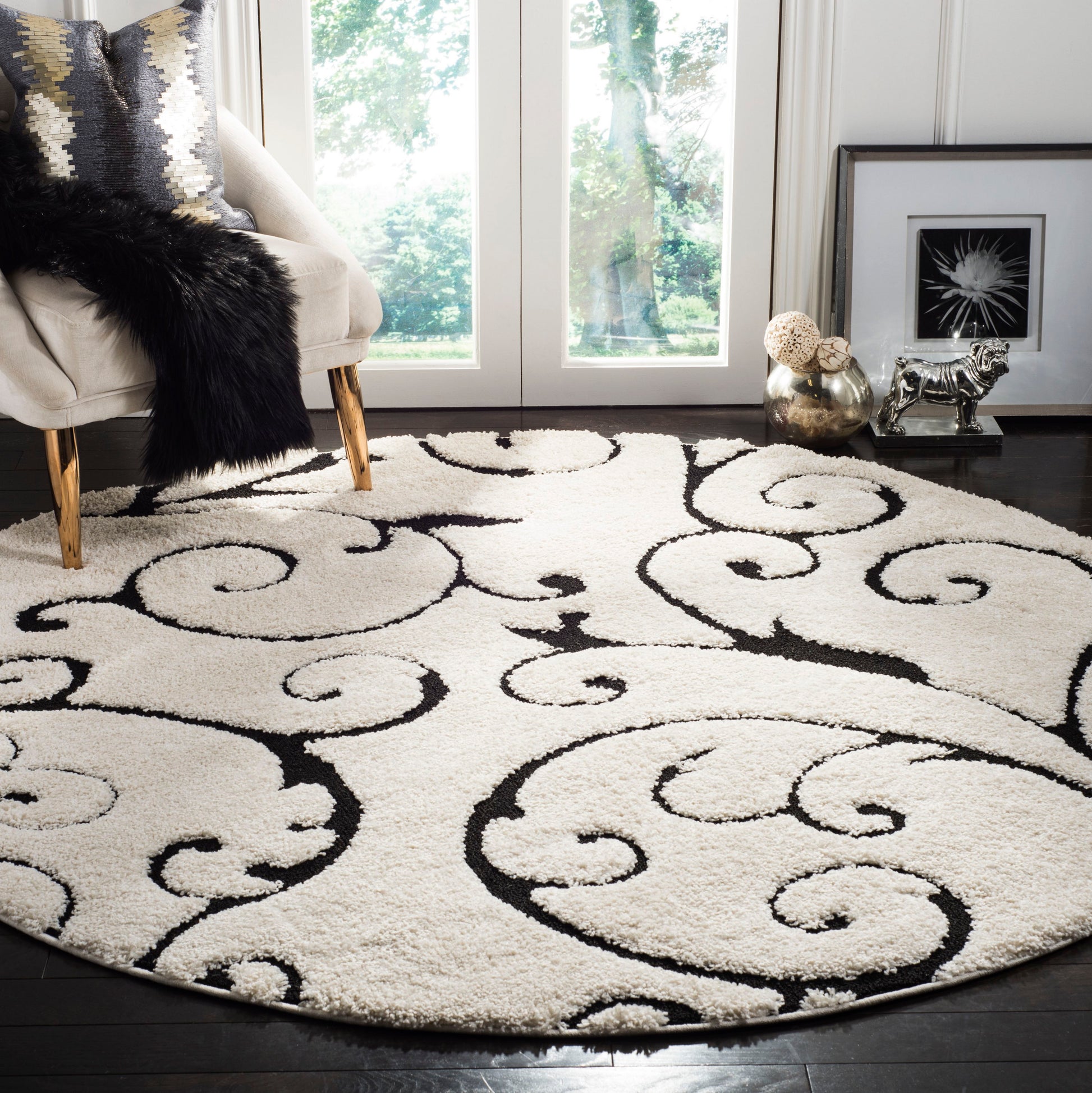 Safavieh Florida Scroll Shag 10 x 10 (ft) Polypropylene Ivory/Black Round Indoor Floral/Botanical Spot Clean Only Area rug