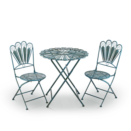 Alpine Corporation 3 -Piece Light Blue Bistro Patio Dining Set Steel Round Table with 2 Stackable Stationary Chairs