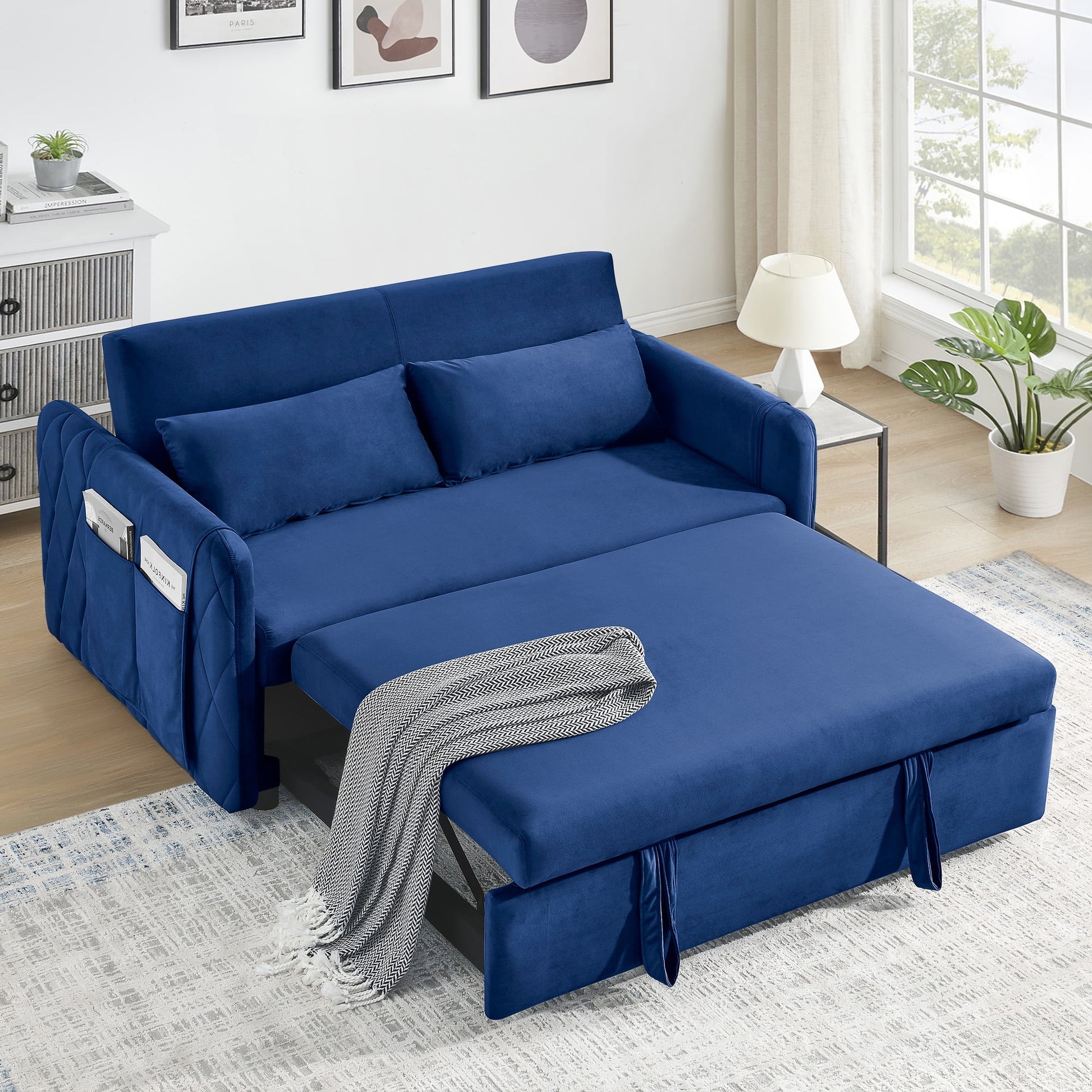 3 in 1 Convertible Sleeper Sofa Bed,55" Modern Velvet Pull Out Sofa Bed with 2 Pillows and 2 Detachable Pockets,Upholstered Loveseat Sofa Couch with Adjustable Backrest for Living Room Office,Blue