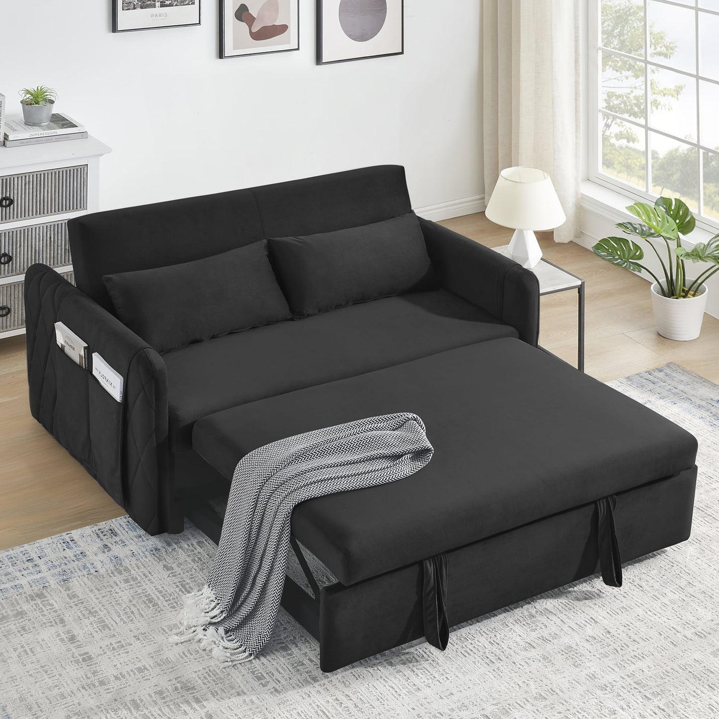 3 in 1 Convertible Sleeper Sofa Bed,55" Modern Velvet Pull Out Sofa Bed with 2 Pillows and 2 Detachable Pockets,Upholstered Loveseat Sofa Couch with Adjustable Backrest for Living Room Office,Gray