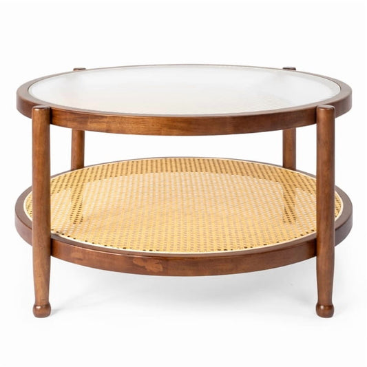 31.5" Rattan Coffee Table - Round Tempered Glass Top , Hand-Woven Rattan Shelf, Rubberwood Frame, Indoor/Outdoor Use for Living Room, Patio, Bedroom, Balcony