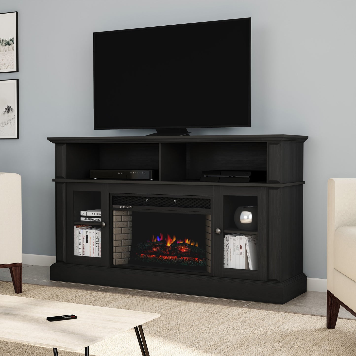 Hastings Home 59-in W Black TV Stand with LED Electric Fireplace 963844BAS