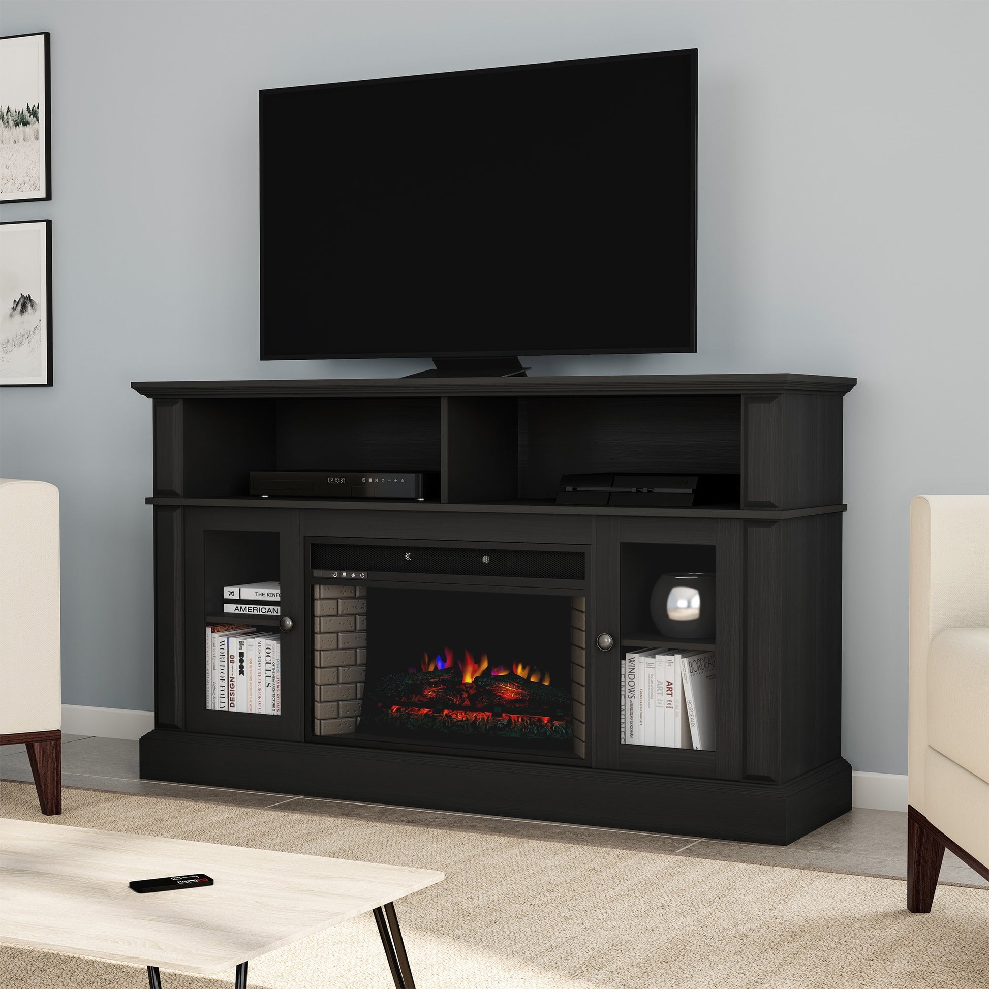 Hastings Home 59-in W Black TV Stand with LED Electric Fireplace 963844BAS