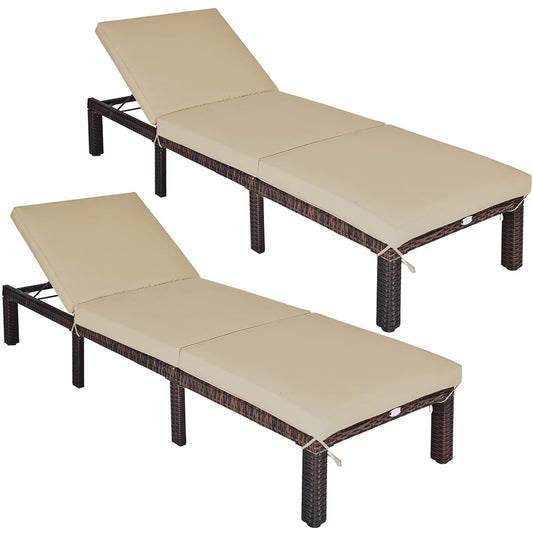 Costway Set of 2 Rattan Brown Steel Frame Stationary Chaise Lounge Chair with Brown Cushioned Seat