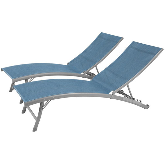 Vivere Clearwater Set of 2 Stackable Gray Aluminum Frame Stationary Chaise Lounge Chair with Blue Sling Seat