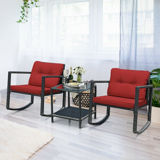 Clihome 3 -Piece Rattan Patio Conversation Set with Red Cushions