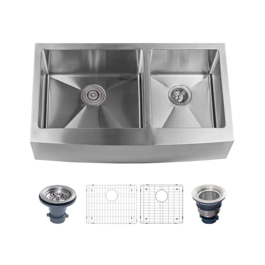 Miseno Undermount 35.875-in x 20.75-in Stainless steel Double offset bowl 16 -Gauge Kitchen Sink