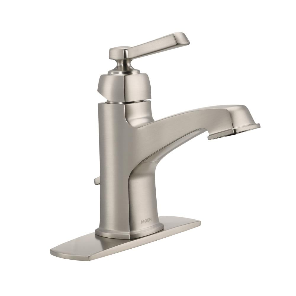 Moen Boardwalk Spot Resist Brushed Nickel Single hole 1-handle WaterSense Mid-arc Residential Handle Bathroom Sink Faucet with Drain with Deck Plate