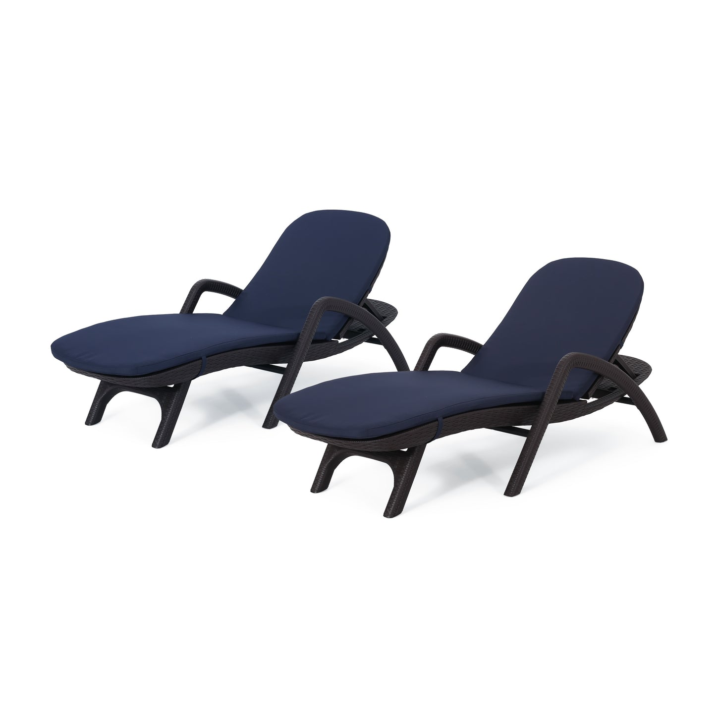 Best Selling Home Decor Waverly Set of 2 Wicker Dark Brown Plastic Frame Stationary Chaise Lounge Chair with Blue Navy blue Cushioned Seat