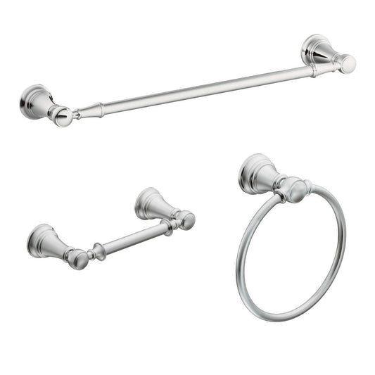 Moen 3 -Piece Weymouth Chrome Decorative Bathroom Hardware Set Towel Bar, Toilet Paper Holder, Towel Ring Included