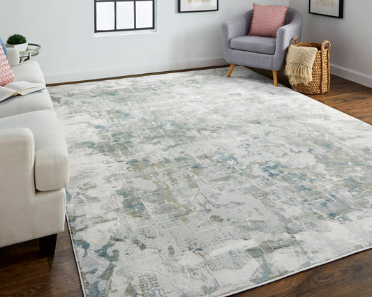 Room Envy Halton 8 x 10 (ft) Loomed Polypropylene Ivory/Iceberg Green Rectangular Indoor Abstract Mid-Century Modern Professionally Clean Only Area rug