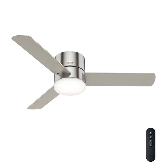 Hunter Minimus Super Low Profile 52-in Brushed Nickel with Matte Nickel Blades Integrated LED Flush Mount Ceiling Fan With Light 3 -Blade