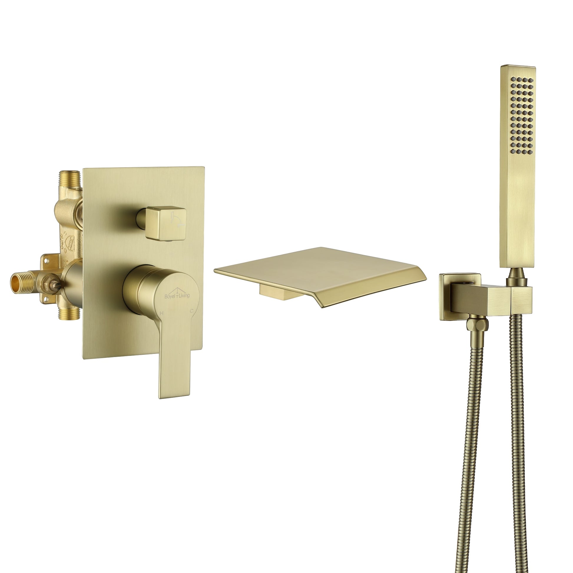 Clihome Brushed Gold 1-handle Wall-mount Waterfall Bathtub Faucet with Hand Shower ( Valve Included )