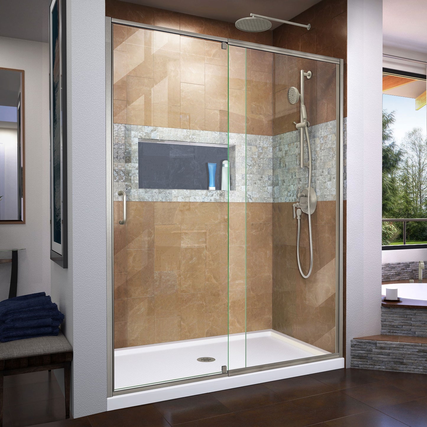 DreamLine Flex Brushed Nickel 56-in to 60-in W x 72.0-in H Semi-frameless Clear Glass Pivot Shower door