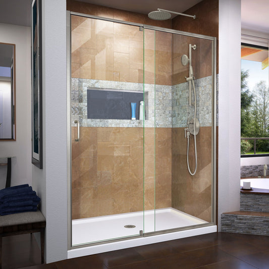 DreamLine Flex Brushed Nickel 56-in to 60-in W x 72.0-in H Semi-frameless Clear Glass Pivot Shower door