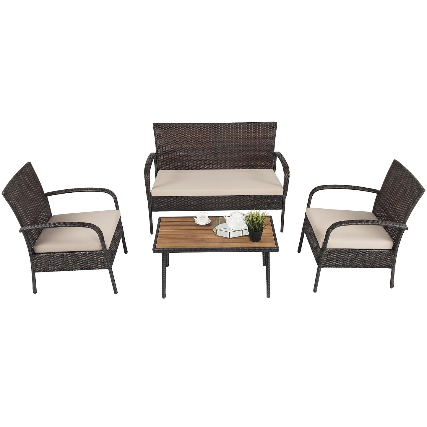 Sumyeg 4 Pieces Patio Cushioned Wicker Conversation Set with Acacia Wood Tabletop 4 -Piece Rattan Patio Conversation Set with Off-white Cushions