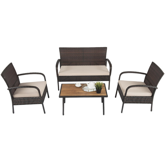 Sumyeg 4 Pieces Patio Cushioned Wicker Conversation Set with Acacia Wood Tabletop 4 -Piece Rattan Patio Conversation Set with Off-white Cushions