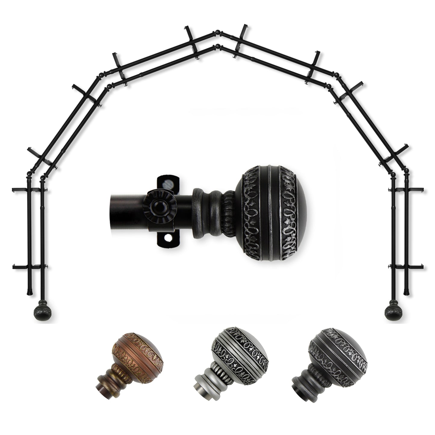 Hart & Harlow Faith 6-Sided Double Bay Black Steel Bay Window Curtain Rod with Finials