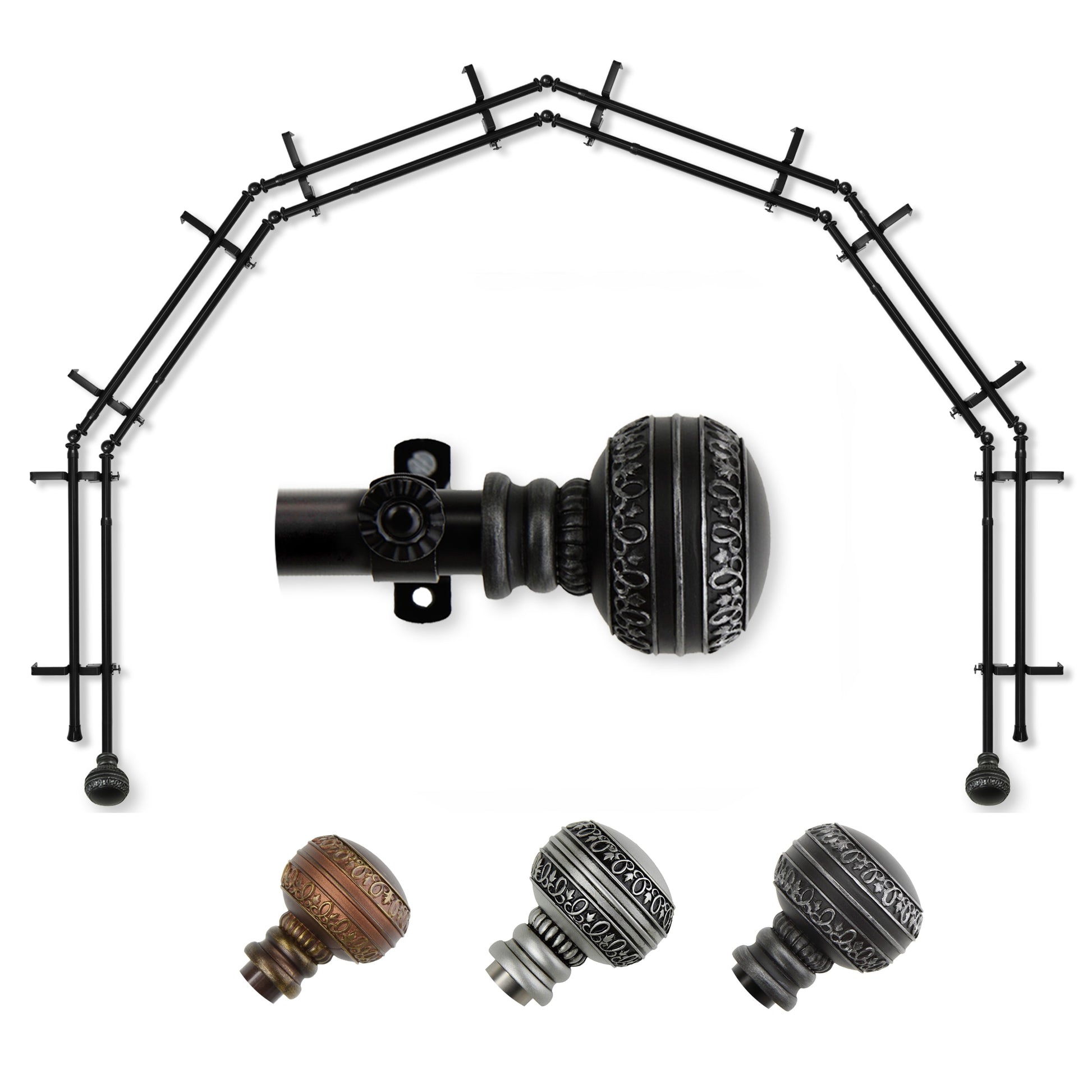 Hart & Harlow Faith 6-Sided Double Bay Black Steel Bay Window Curtain Rod with Finials