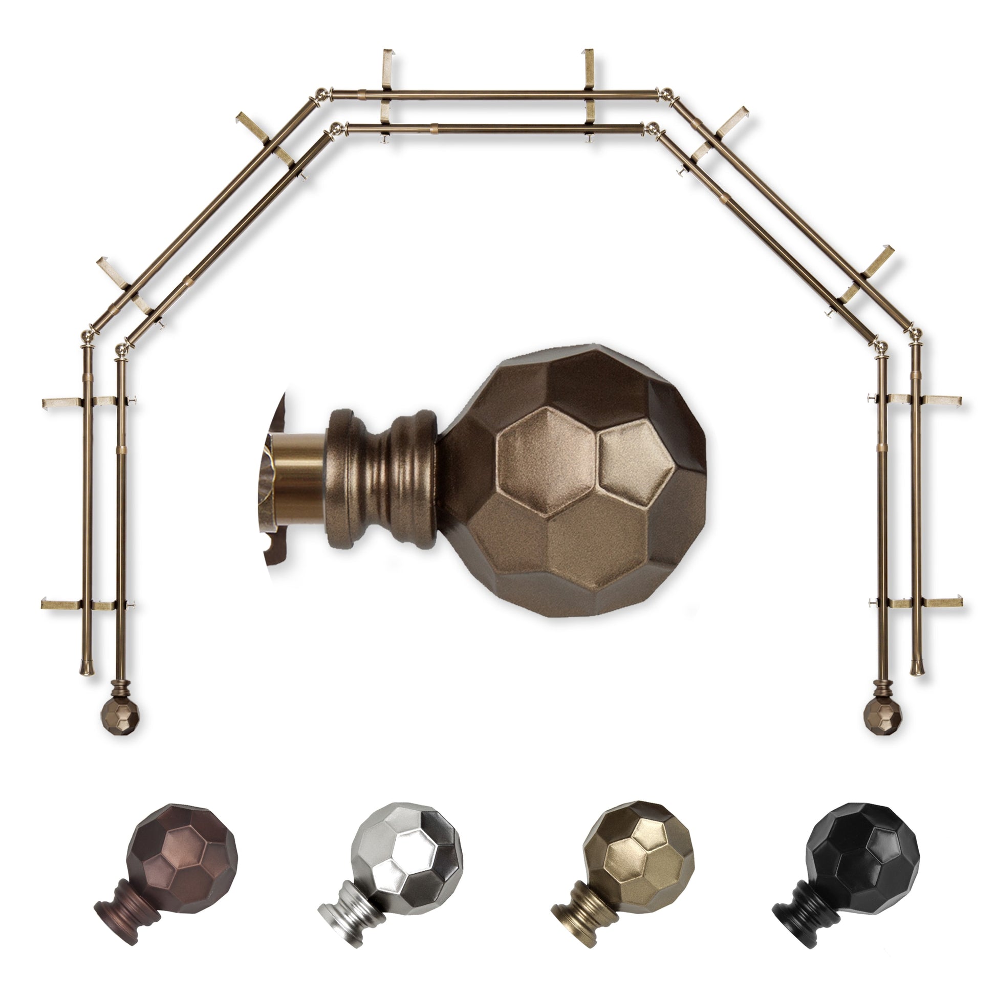 Hart & Harlow Massimo 5-Sided Double Bay Antique brass Steel Bay Window Curtain Rod with Finials