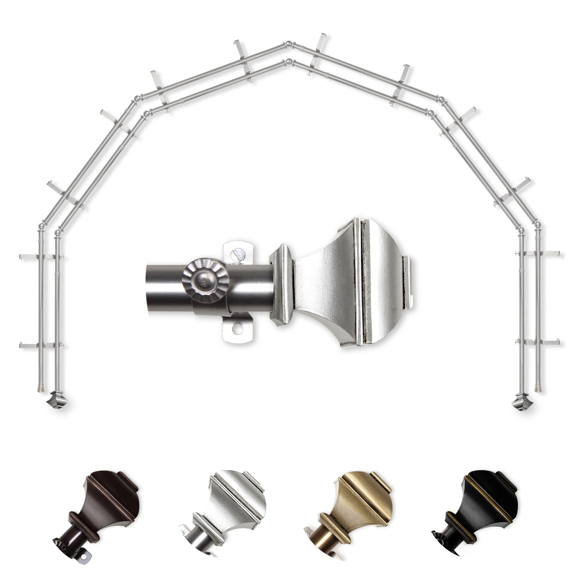 Hart & Harlow Pandora 6-Sided Double Bay Satin nickel Steel Bay Window Curtain Rod with Finials