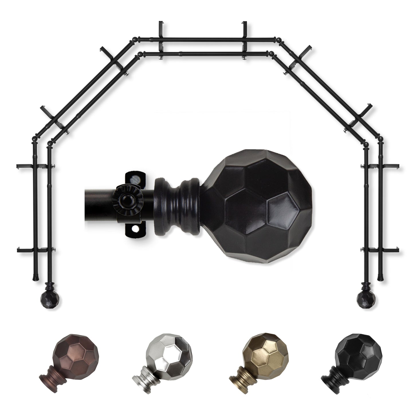 Hart & Harlow Massimo 5-Sided Double Bay Black Steel Bay Window Curtain Rod with Finials