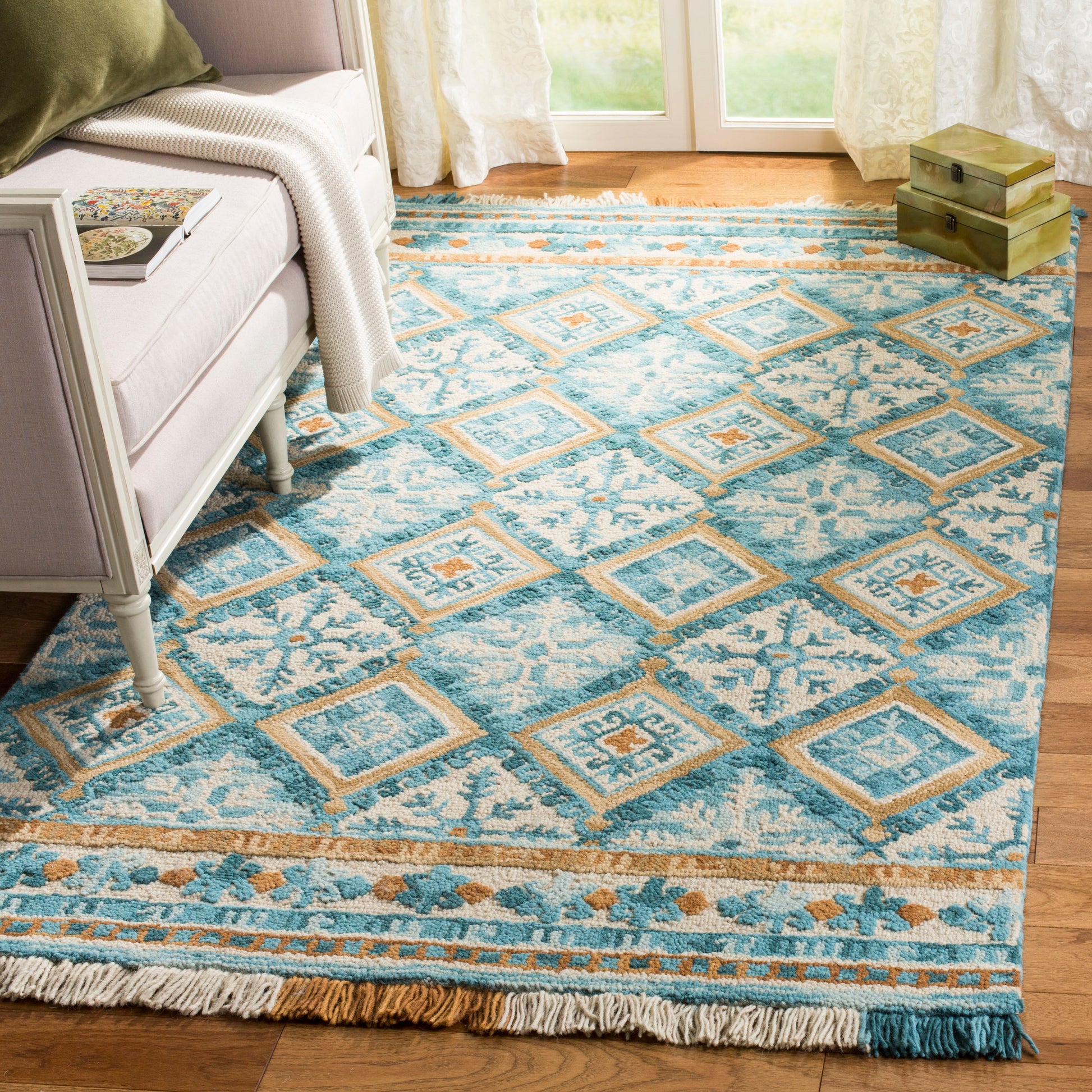 Safavieh Blossom Ottilia 8 x 10 (ft) Tufted Wool Ivory/Teal Rectangular Indoor Abstract Bohemian/Eclectic Spot Clean Only Area rug