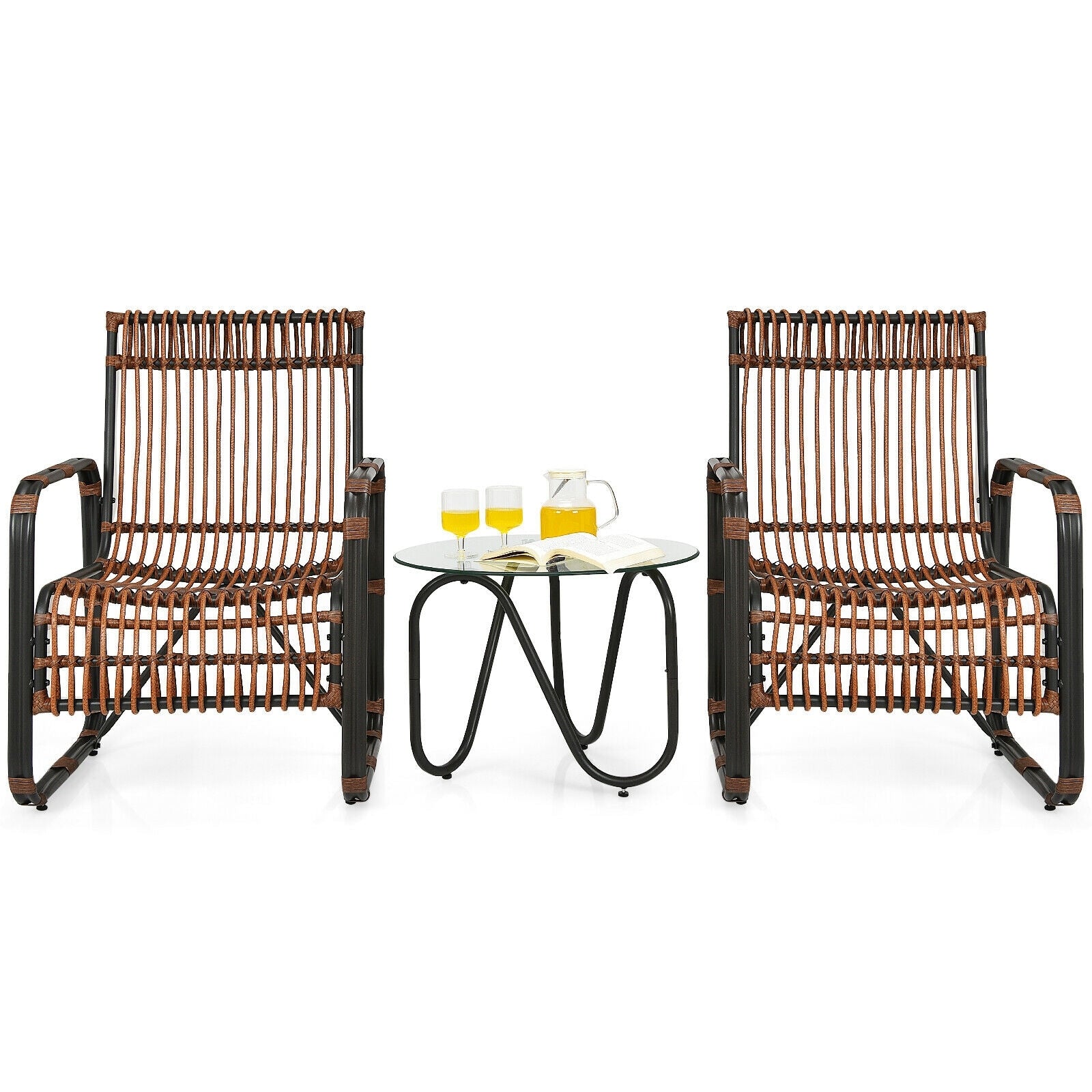 Clihome Outdoor Furniture 3 -Piece Black Rattan Bistro Patio Dining Set Steel Round Table with 2 Stationary Chairs