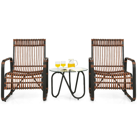 Clihome Outdoor Furniture 3 -Piece Black Rattan Bistro Patio Dining Set Steel Round Table with 2 Stationary Chairs