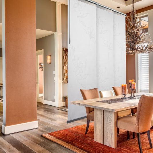 Hart & Harlow 3-Panel Single Rail 23.5-in Slat Width 66-in x 116-in Cordless White Iris Fabric Light Filtering Panel Track Blinds