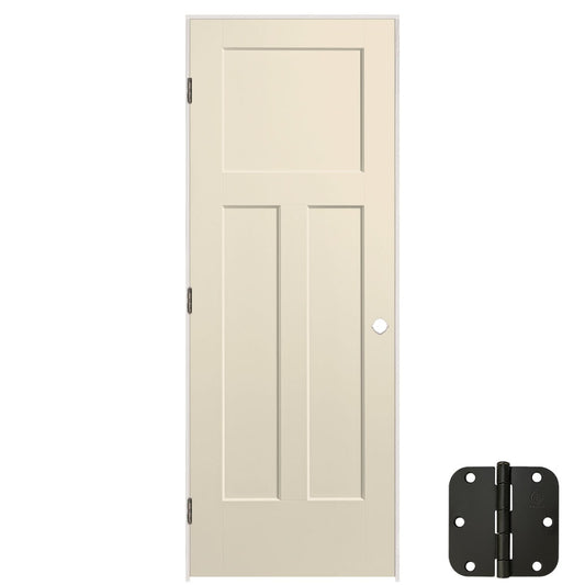 Masonite 28-in x 80-in Cream-n-Sugar Solid core 3-panel Right hand Smooth Prefinished Molded composite Flat Jamb Single Prehung Interior Door with