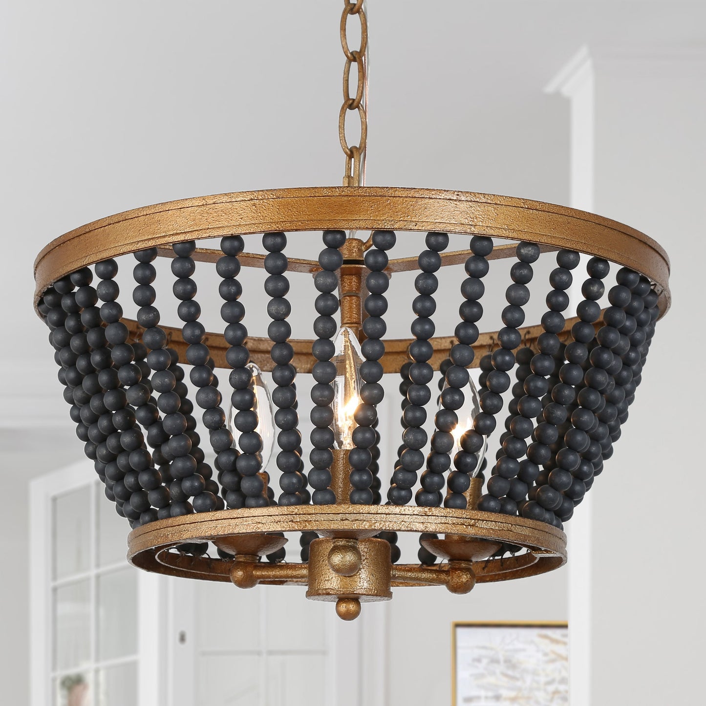 Uolfin 3 -Light Antique Black Indoor Beaded Metal Chandelier