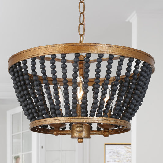 Uolfin 3 -Light Antique Black Indoor Beaded Metal Chandelier