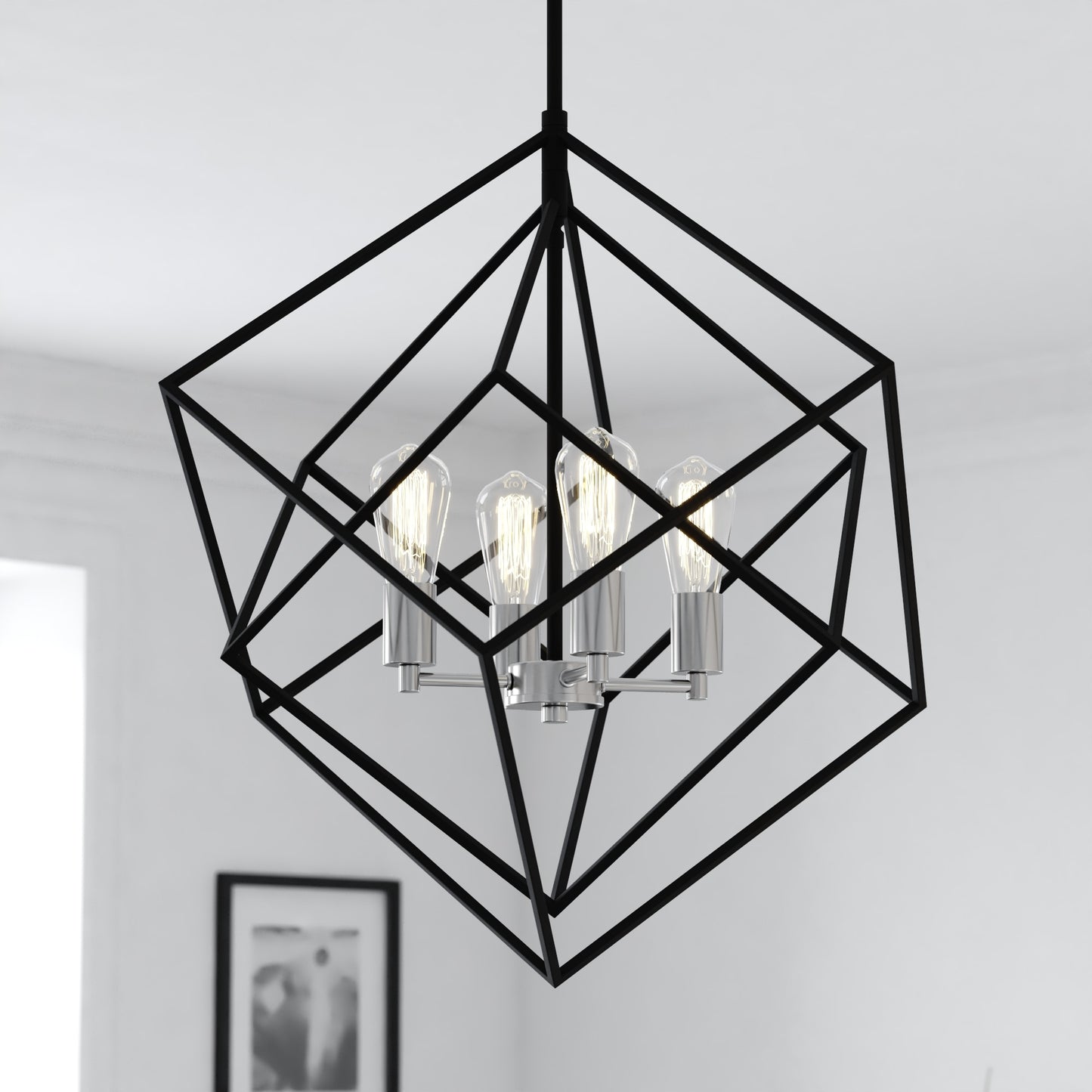 Cascadia Rad 4 -Light Black and Satin Nickel Modern/contemporary Metal Cage Geometric Large Indoor Hanging Pendant Light