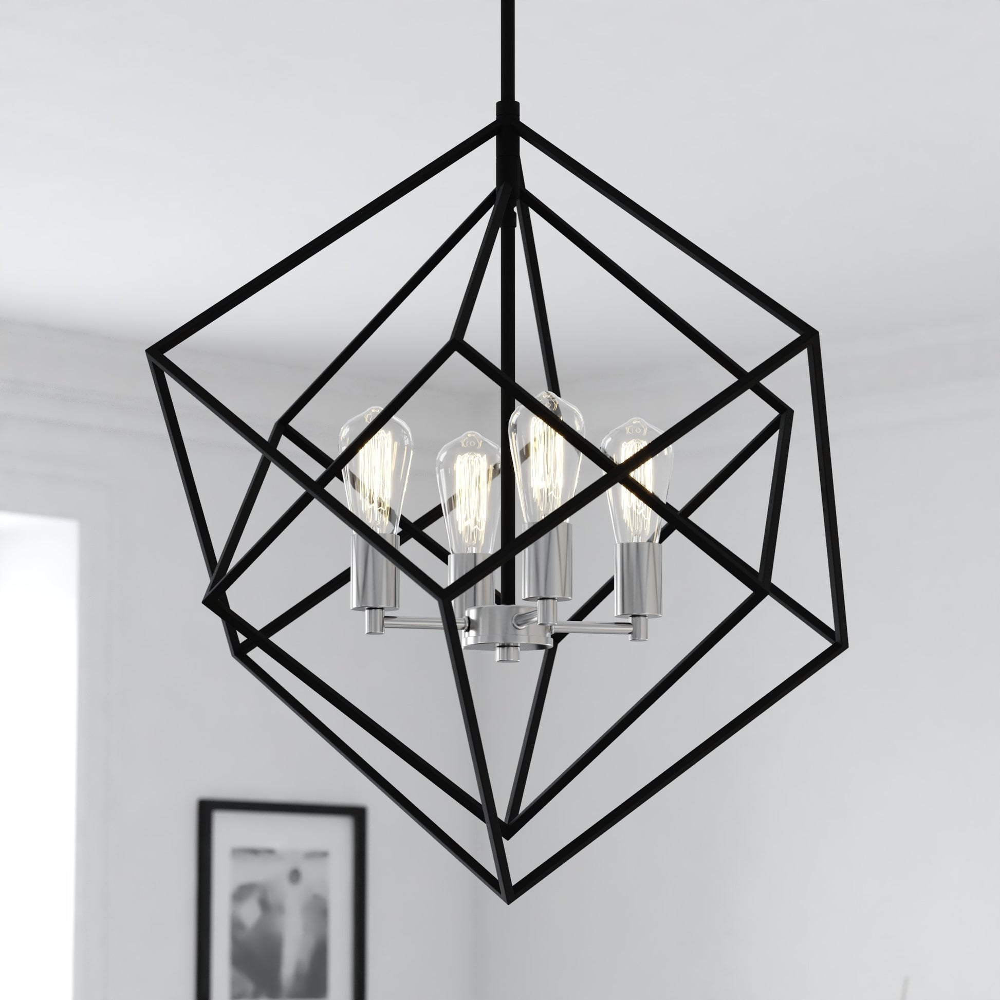 Cascadia Rad 4 -Light Black and Satin Nickel Modern/contemporary Metal Cage Geometric Large Indoor Hanging Pendant Light
