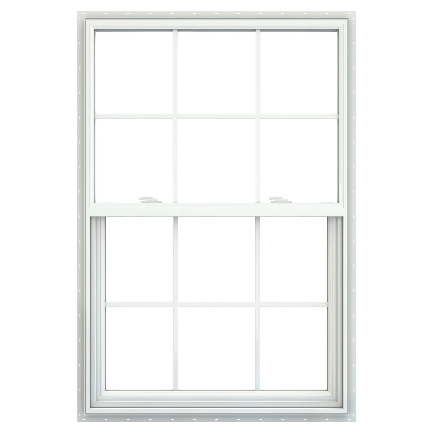 JELD-WEN V-2500 35-1/2-in x 53-1/2-in White Exterior Vinyl New Construction Single Hung Window Low-E argon Double Pane Glass with Grids, (Half Screen Included)