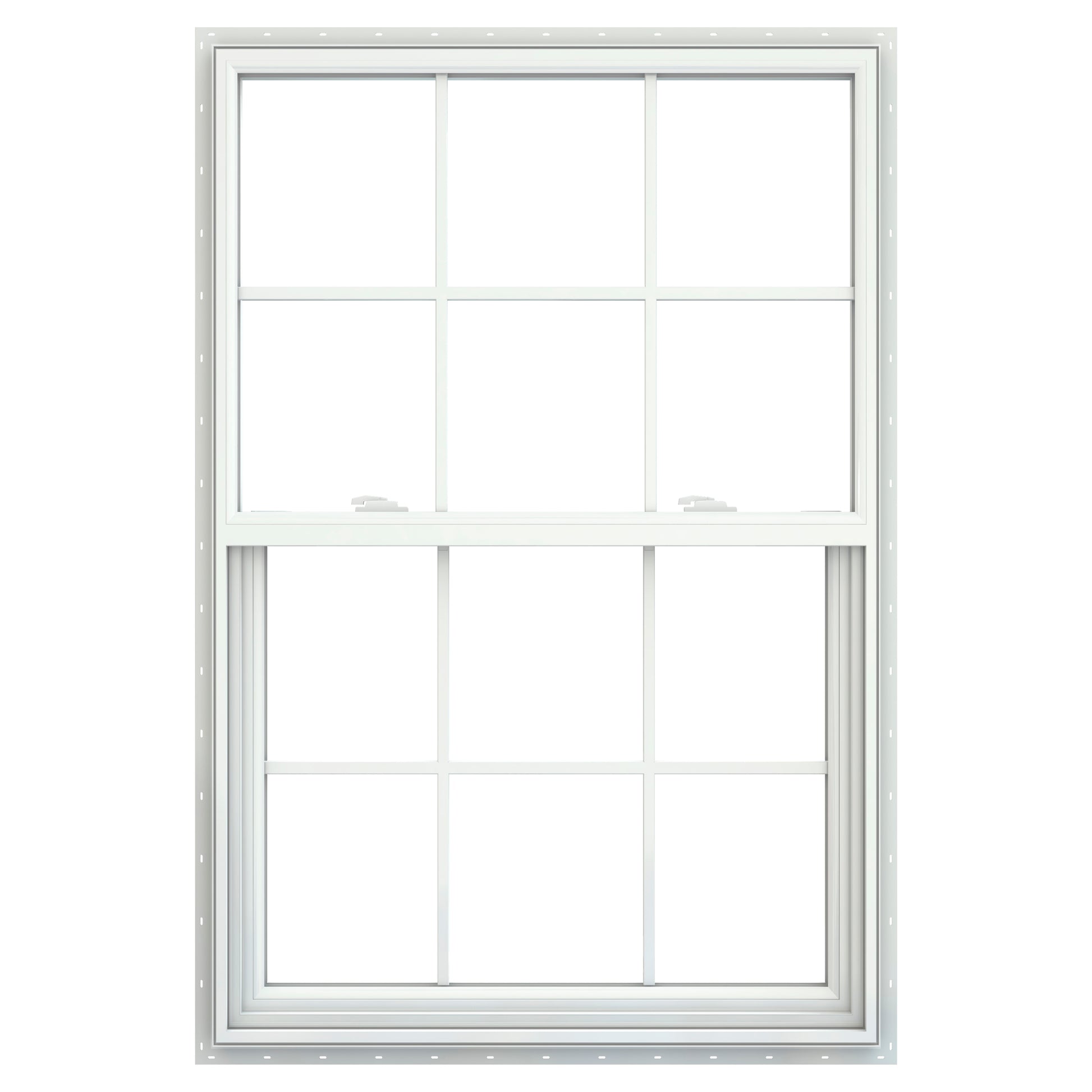 JELD-WEN V-2500 35-1/2-in x 53-1/2-in White Exterior Vinyl New Construction Single Hung Window Low-E argon Double Pane Glass with Grids, (Half Screen Included)