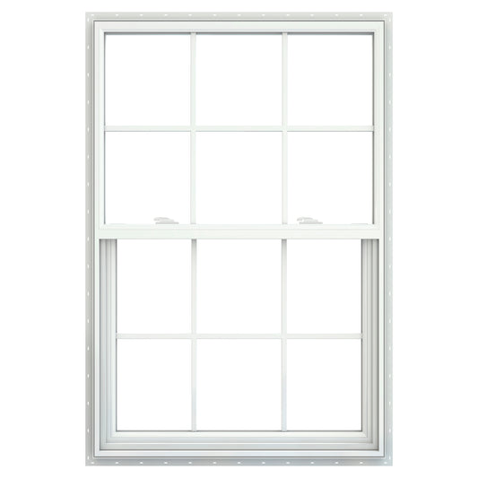 JELD-WEN V-2500 35-1/2-in x 53-1/2-in White Exterior Vinyl New Construction Single Hung Window Low-E argon Double Pane Glass with Grids, (Half Screen Included)