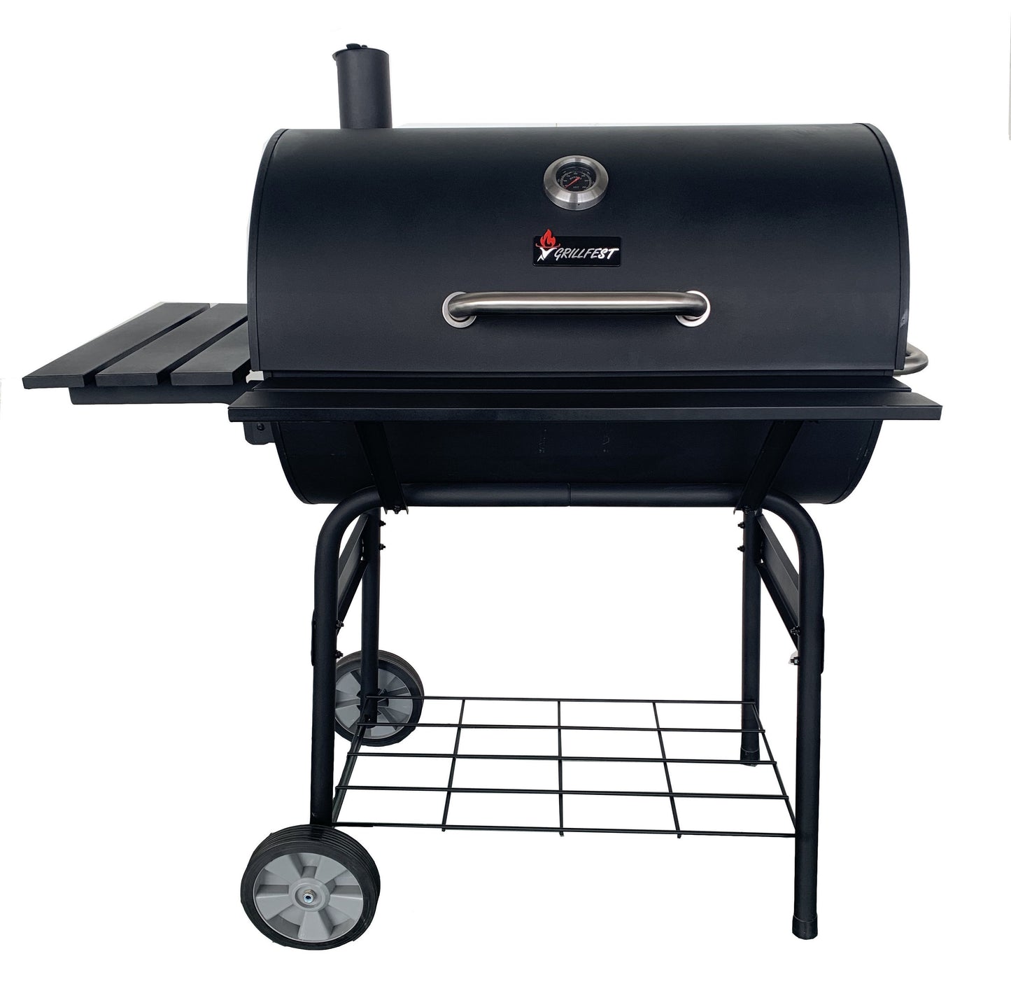 GRILLFEST Medium Black Barrel Charcoal Grill with Folding Side Shelf - 723 Sq. Inches Cooking Area, Removable Ash Catcher, Temperature Gauge 3001