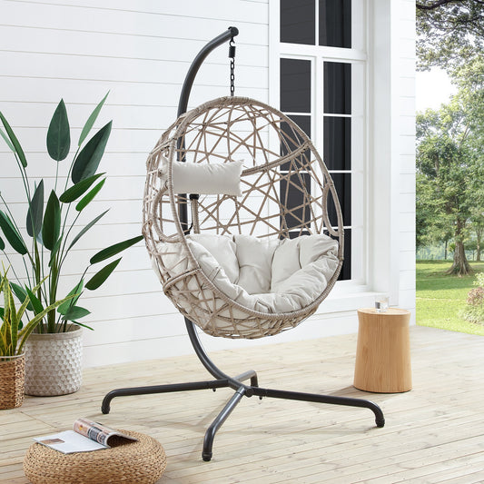 PEAK HOME FURNISHINGS Egg Chair Rattan Black Metal Frame Hanging Egg Chair with Beige Rattan Cushioned Seat