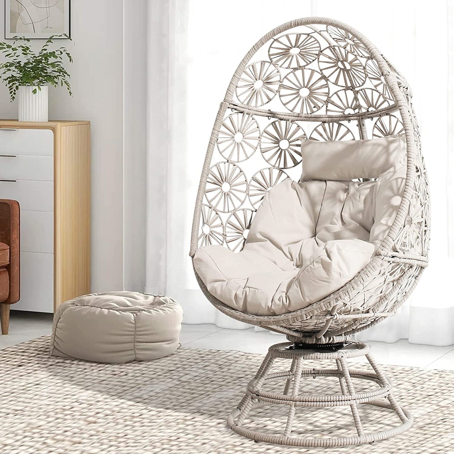 PEAK HOME FURNISHINGS Egg chair Rattan Black Metal Frame Swivel Egg Chair with White Olefin Cushioned Seat