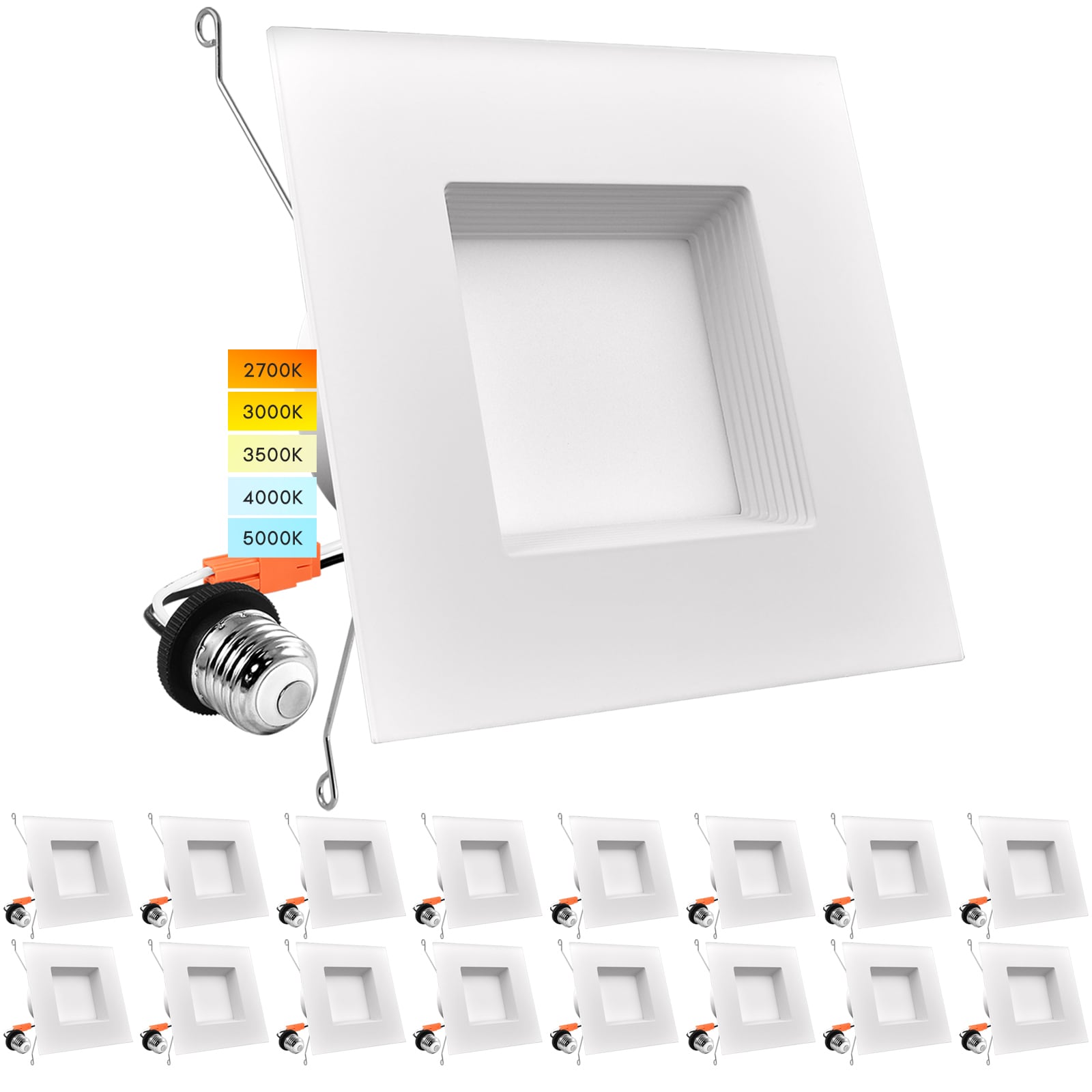Luxrite White 5-in or 6-in 1100 -Lumens Switchable white Square Dimmable LED Damp rated Recessed Downlight 16 -Pack