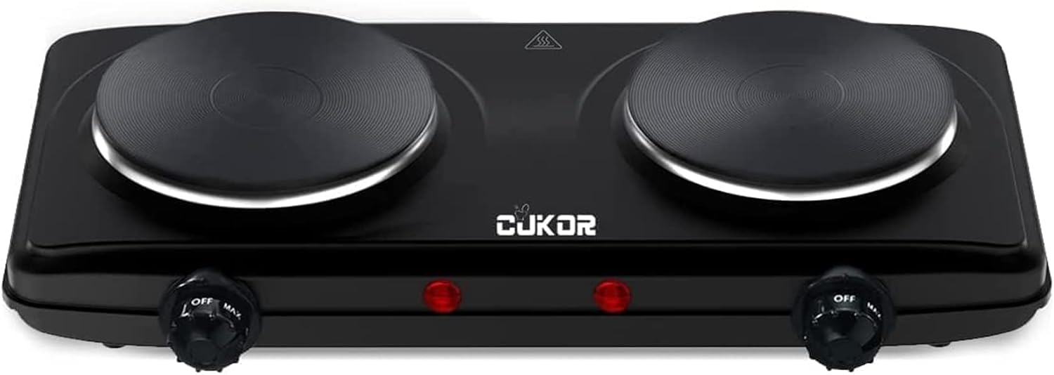 CUKOR Electric Hot Plate, Double Cast Iron 2 Burner, 1800W Countertop Burner, Dual Electric Stove Burners, Portabel Electric Cooktop, Portabel Double Burner for Cooking