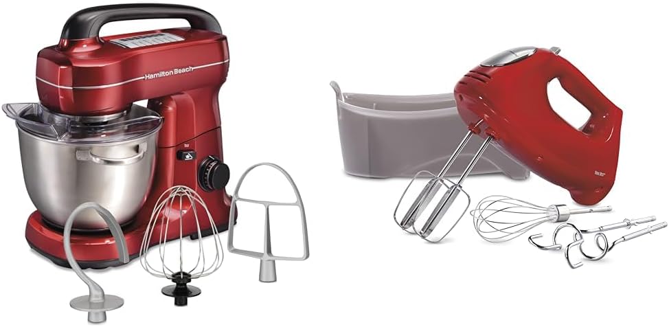 Hamilton Beach Electric Stand Mixer, 4 Quarts, Dough Hook, Flat Beater Attachments & 6-Speed Electric Hand Mixer with Whisk, Traditional Beaters, Snap-On Storage Case