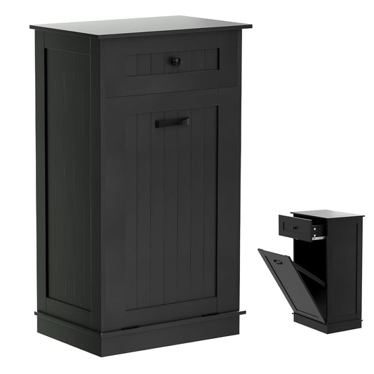 Visionwards Wooden Tilt Out Trash Cabinet Bin, Dog Proof Garbage Can Holder, Kitchen Island with Laundry Hamper, Black